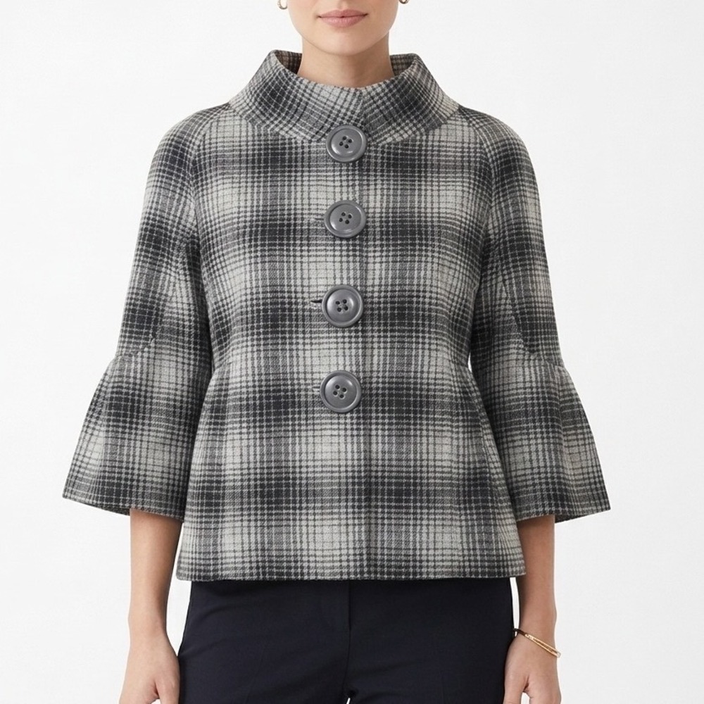 Cynthia Steffe Glen Plaid Wool Jacket L Bell Sleeve Crop Blazer Lined